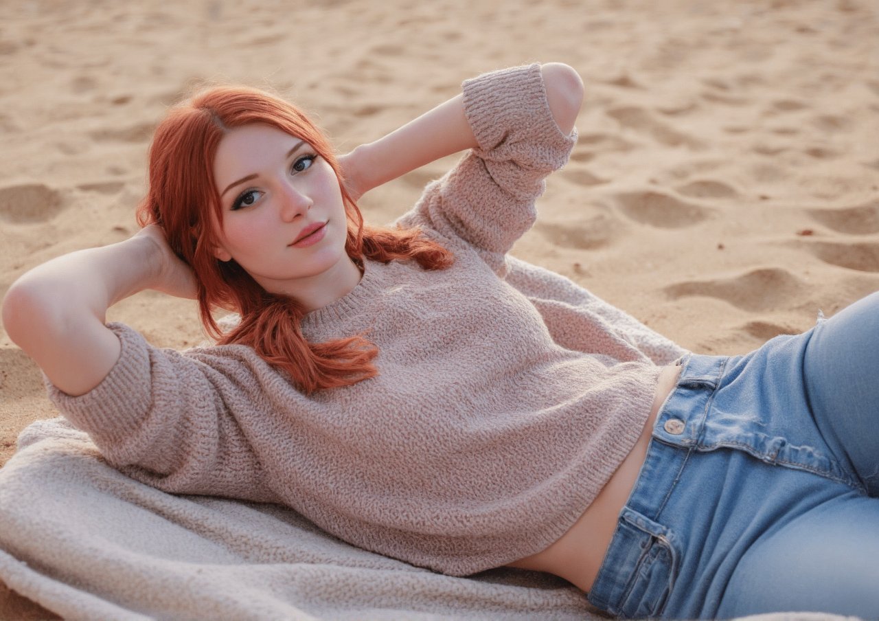 MadiKat,  An extremely high resolution photograph of a beautiful redhead woman. She is laying down on a beach sunbathing w...