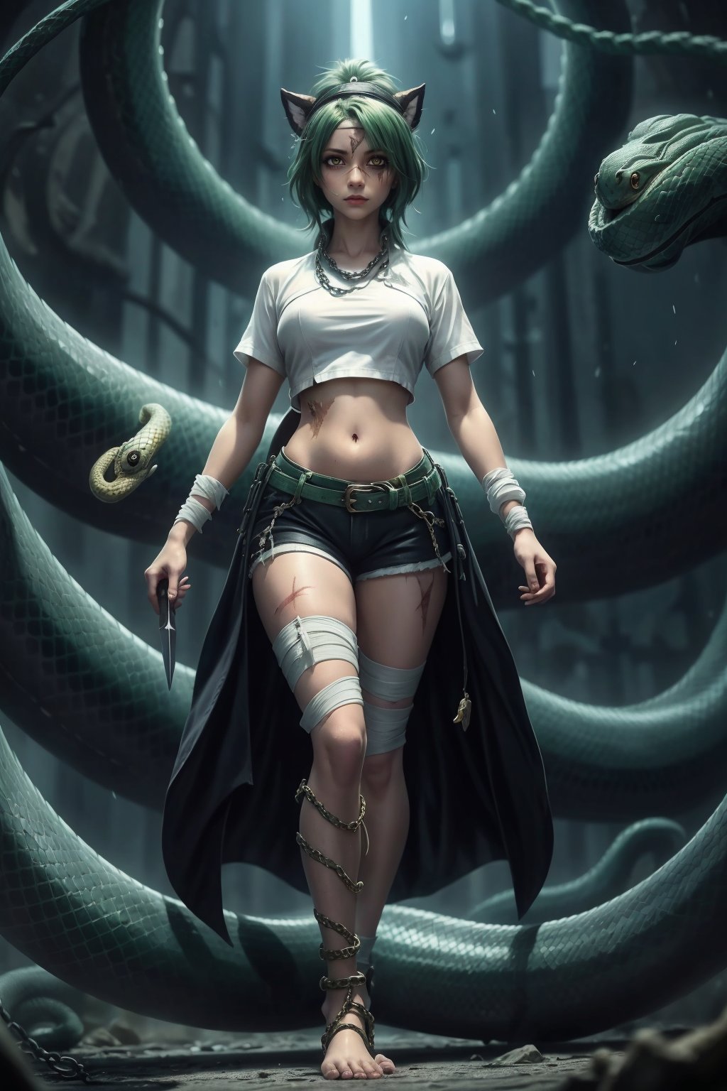 (arknights),best qualitymasterpiece,illustration,extremely detailedCGunity8k wallpaper,Amazing,finely detail,masterpiece,best quality,official art,extremely detailed CG unity 8k wallpaper,(solo),((anaconda)),((python)),((personification)),((emotionless)),(small breasts),(dark green hair),((black coat)),(((white shirt))),((short sleeves shirt)),(((stomach cutout))),(shorts),((snake tail)),((golden eyes)),((silt pupils)),((green scales)),(((no socks))),((chain blades (weapon))),(((bandaged leg)),((black headband)),((((scar across eye)))),, 