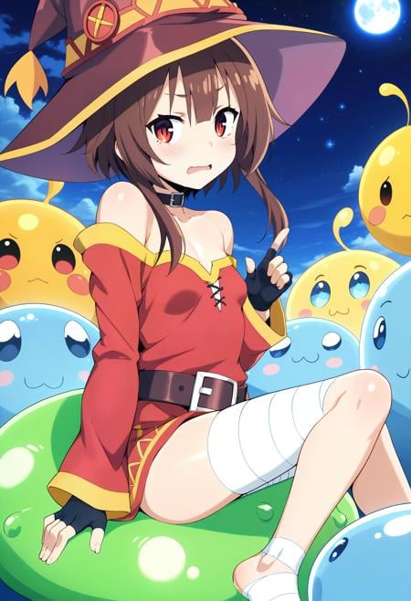 score_9,score_8_up,score_7_up,score_6_up,source_anime,Megumin,sitting on slime \(creature\),from side,worried,looking at viewer,reaching towards viewer,