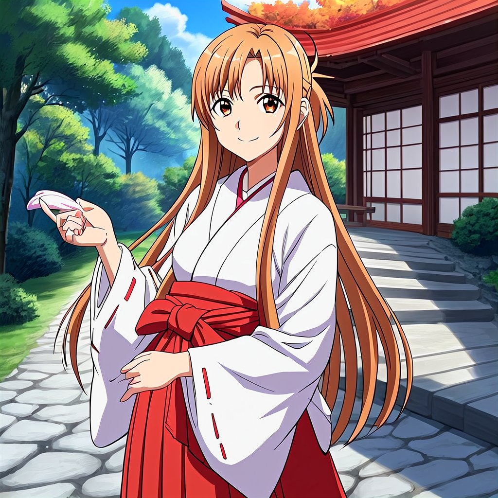 score_9, score_8_up, score_7_up, score_6_up, score_5_up, score_4_up, source_anime, yuuki asuna, long hair, 1girl, solo, japanese clothes, miko, white kimono, smile, outdoors, hakama, looking at viewer, skirt, day, hakama skirt, tree, red hakama, long sleeves,masterpiece, perfect face, best quality, beautiful girl, cute girl, beautiful eyes, shiny eyes, anime coloring, anime screencap, absurdres, outdoors,<lora:yuuki_asuna_r1:0.8>