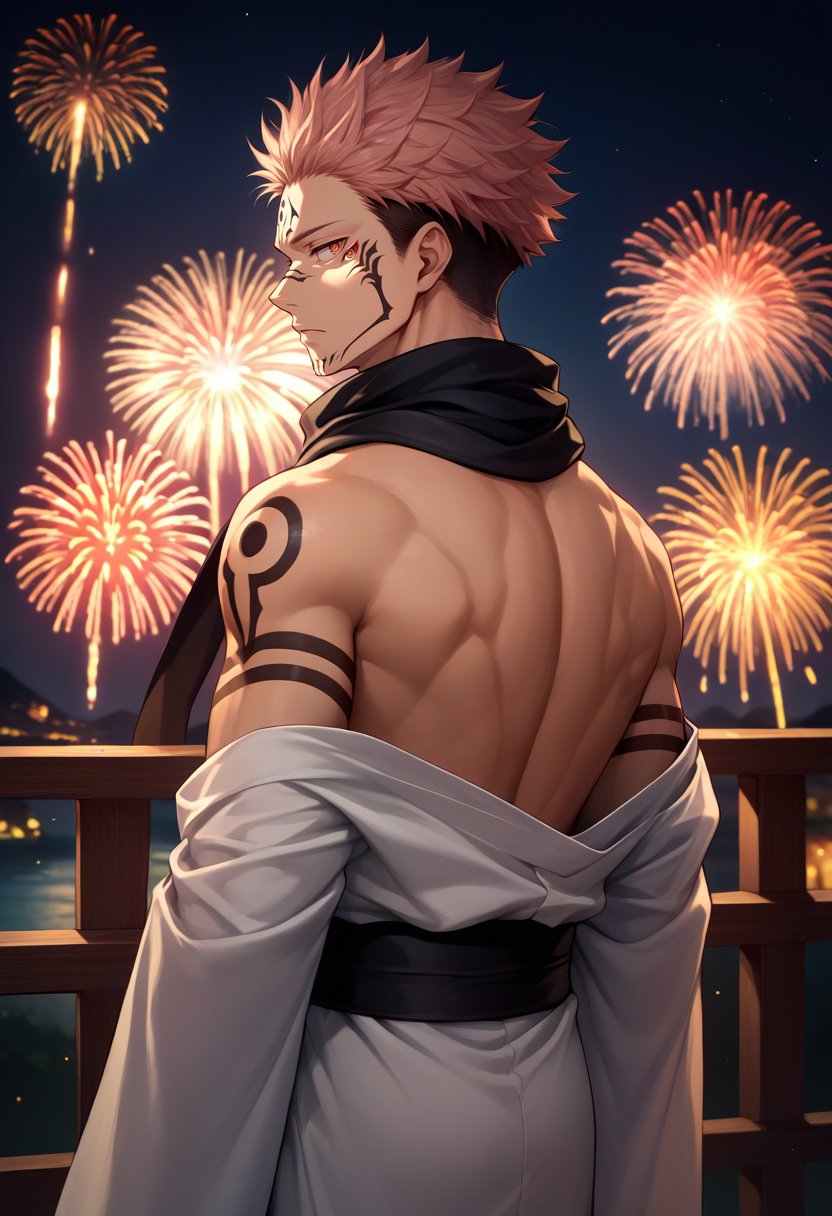 score_9, score_8_up, score_7_up, source_anime, from behind, solo, male focus, 1boy, ryomen sukuna, facial tattoo, arm tattoo, extra eyes, toned, expressionless, looking back, white kimono, off shoulder, black scarf, bare shoulders, fireworks <lora:jjk_sukuna_ponyXL:1>