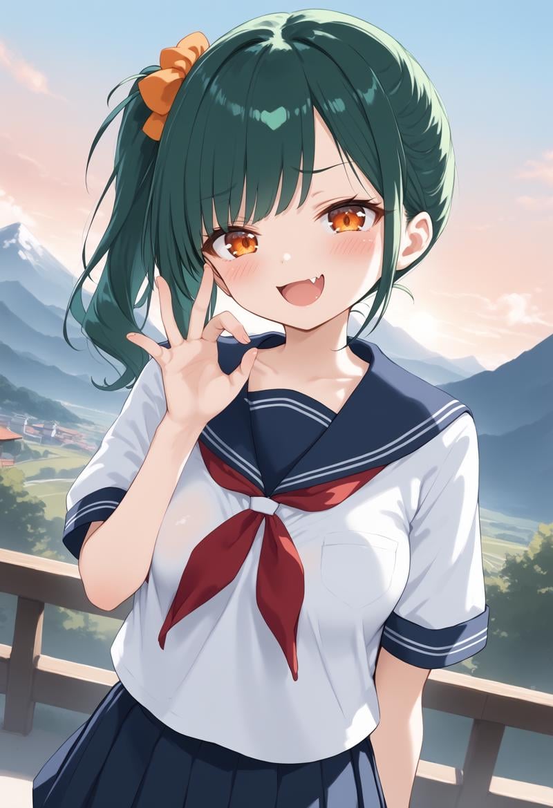 1girl, medium breasts, school uniform,mesugaki, smile, looking at viewer, blush, hand up, skin fang, <lora:mesugaki_Pony_v1:0.9>dutch angle, fisheye lens, looking down, green hair, orange eyes,flustered, mountains, open mouth, side ponytail hair,,