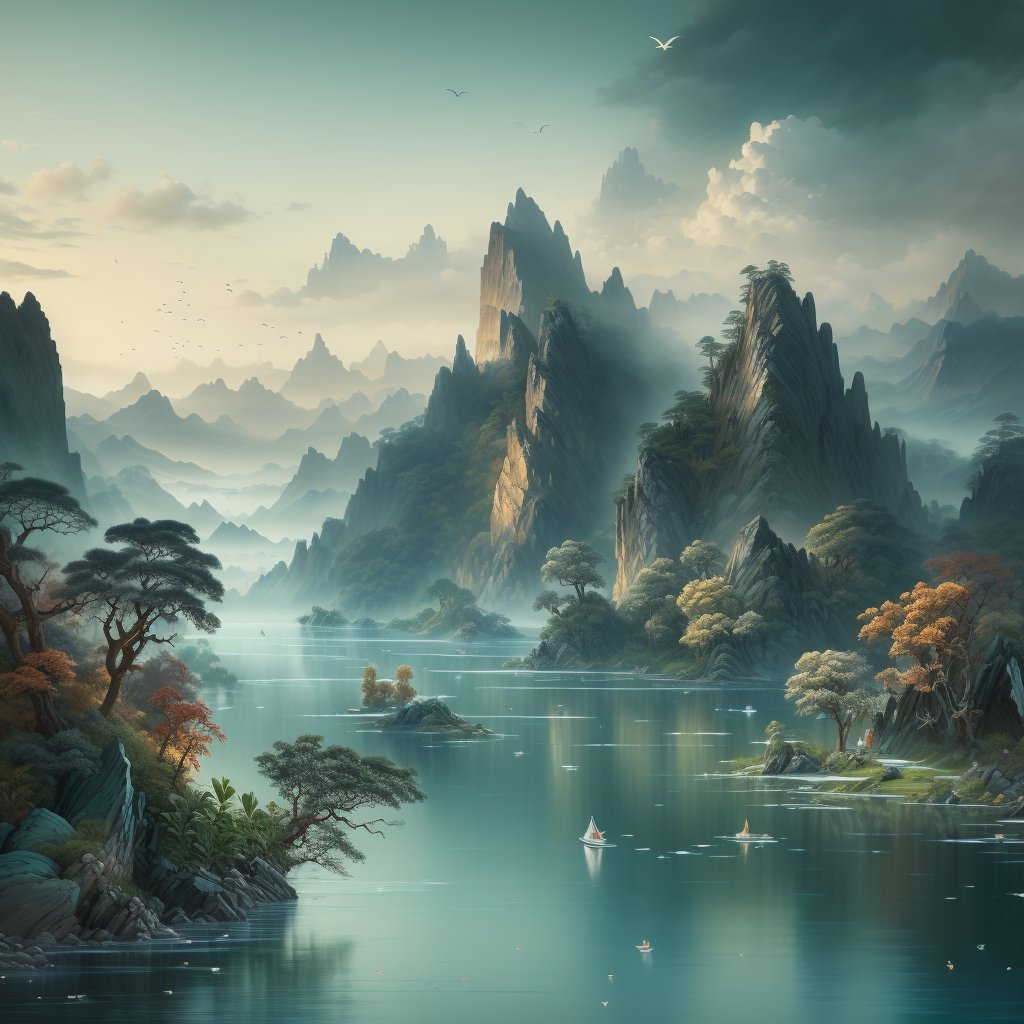 (best quality), (masterpiece), (ultra-detailed), illustration, 8k wallpaper, best illustration, (extremely detailed CG unity 8k wallpaper), huge filesize,landscape,scenery, no humans, mountain, water, outdoors, bird, watercraft, tree, boat, river, bridge, lake, waterfall, nature, day, sky<lora:landscape-000020:0.9>