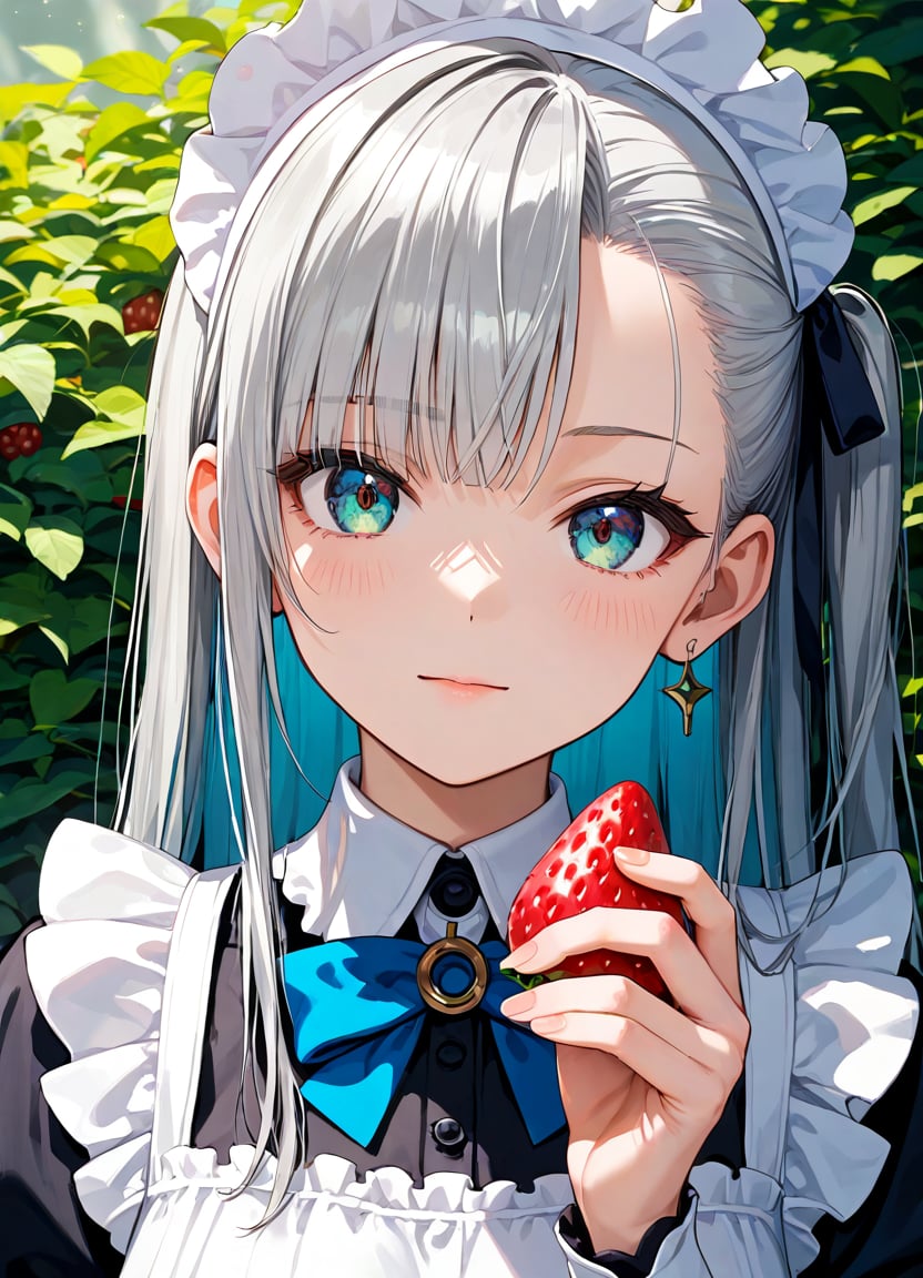 score_9, score_8_up, score_7_up , source_anime ,masterpiece, best quality, perfect anatomy , very aesthetic , official art,BRAKE1girl, solo, silver hair, one side up, long hair, asymmetrical bangs, maid's outfit, close-up of face, looking at viewer, holding strawberry, in hand, strawberry,