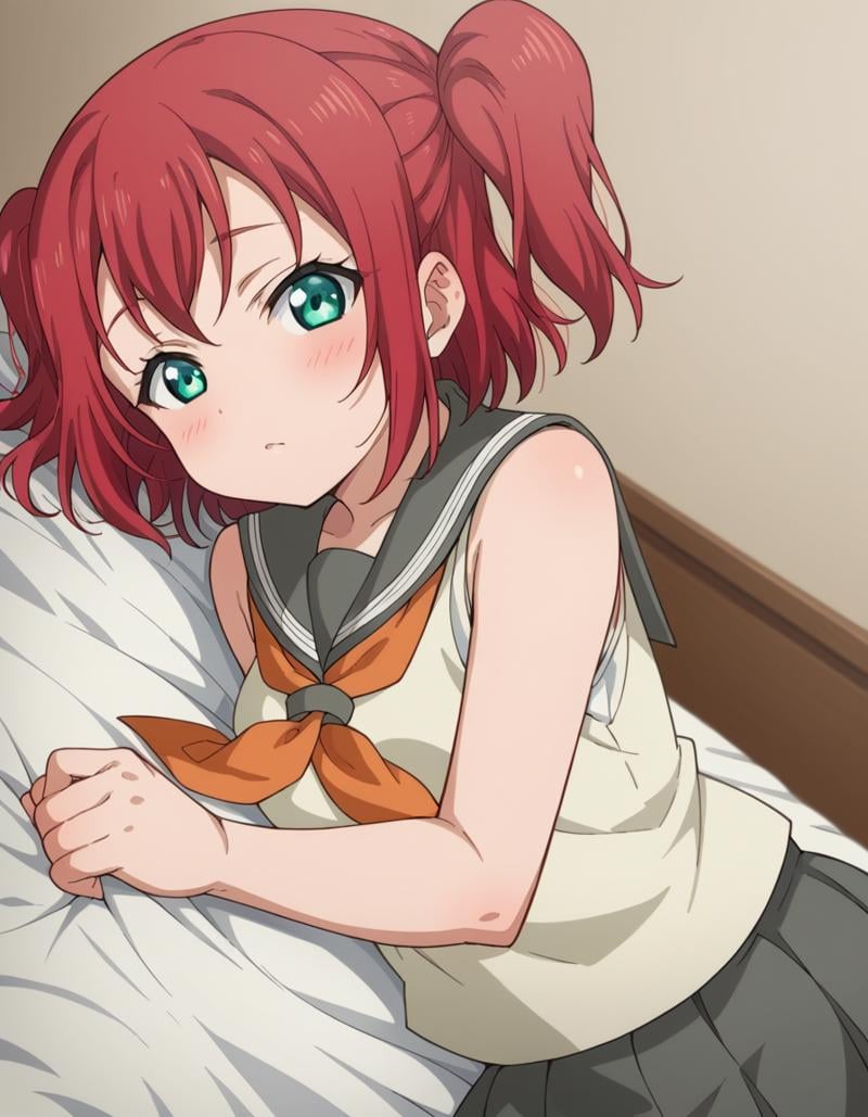 score_9, score_8_up, score_7_up, source_anime, <lora:ruby-kurosawa-s2-ponyxl-lora-nochekaiser:1>, ruby kurosawa, short hair, bangs, green eyes, red hair, aqua eyes, two side up,, shirt, school uniform, white shirt, serafuku, neckerchief, uranohoshi school uniform, orange neckerchief, sleeveless, skirt, pleated skirt, grey skirt,, indoors, bed, bed room, on side, blush, drunk, looking at viewer, solo,, cowboy shot, dutch angle