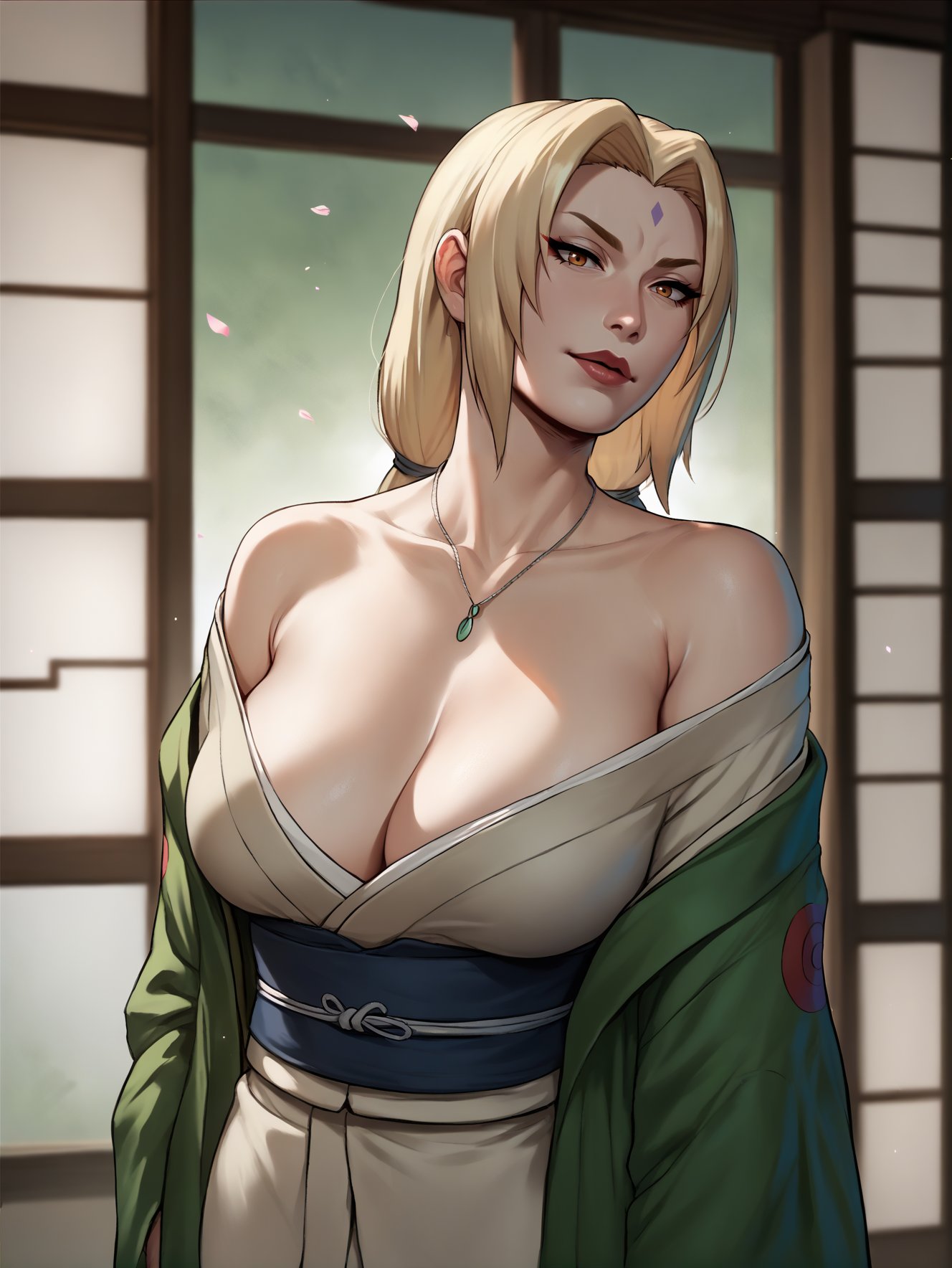 score_9, score_8_up, score_7_up, score_6_up, score_5_up, score_4_up, tsunade from naruto standing looking at viewer,  cleavage, japanese clothes, long green coat, mature female, <lora:OttoCubzeXL:1>