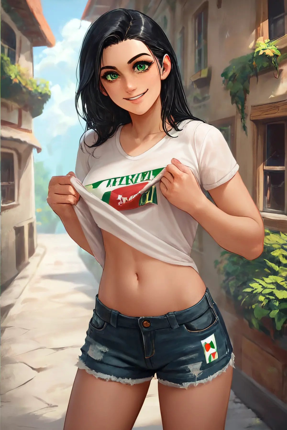 score_9, score_8_up, score_7_up, rating_safe, a irresistible Italian woman with black hair standing in Italian village, ideal cute face, ideal slim body, looking at viewer, sexy smile, big green eyes, wearing shirt and shorts, flashing belly, lifting shirt, holding shirt, navel, <lora:Smooth Style 2 SDXL_LoRA_Pony Diffusion V6 XL:0.6>, <lora:add-detail-xl:1>,  <lora:BT_Flashing_Belly_Pony:0.6>