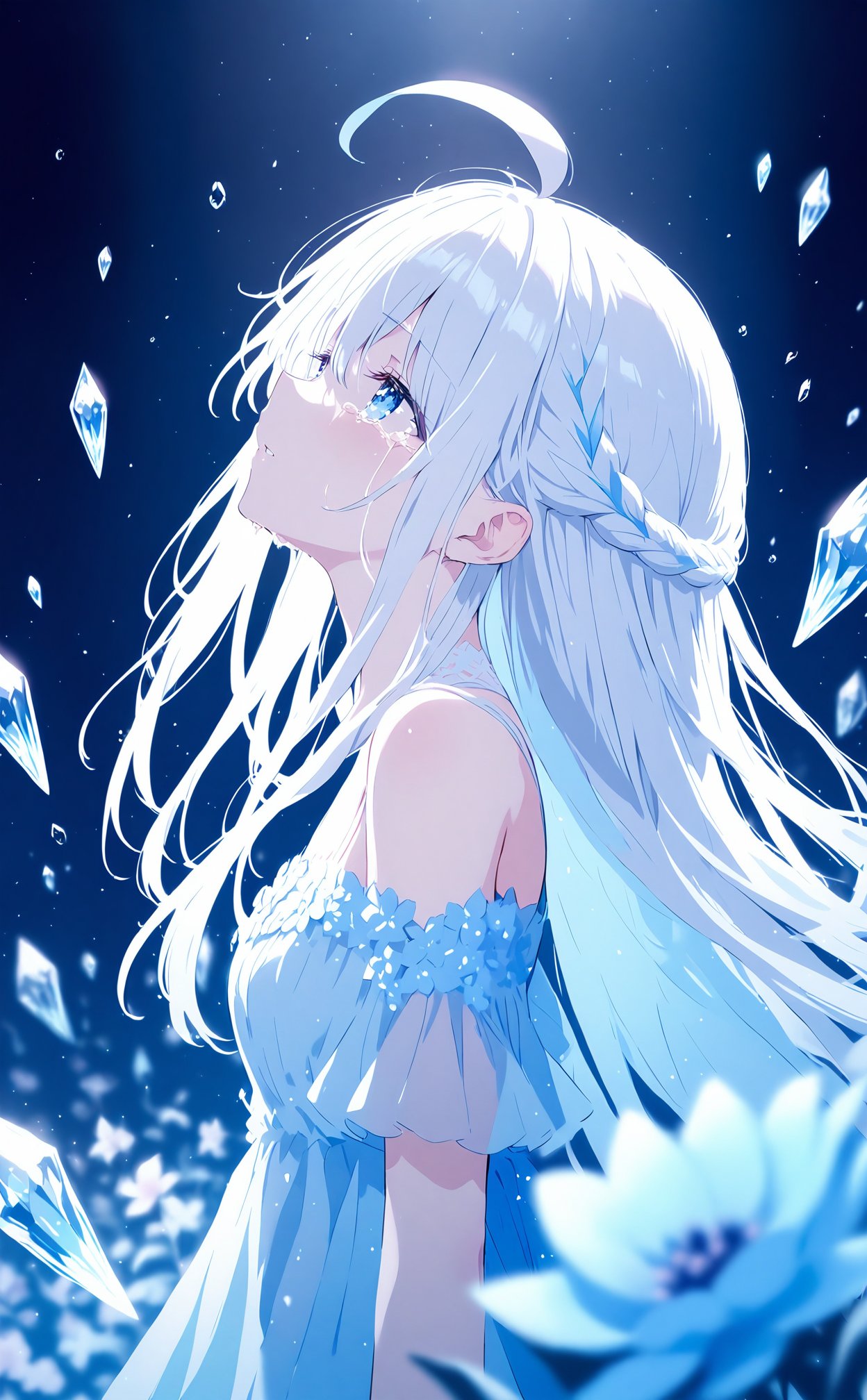 masterpiece,best quality,high quality,(colorful),1girl,flower,solo,dress,braid,looking up,blue flower,white dress,long hair,white hair,from side,blue eyes,bare shoulders,crying,blurry foreground,standing,blurry,sidelocks,crying with eyes open,blue theme,ahoge,tears,crystal,profile,depth of field,off shoulder,breasts,small breasts,off-shoulder dress,light,