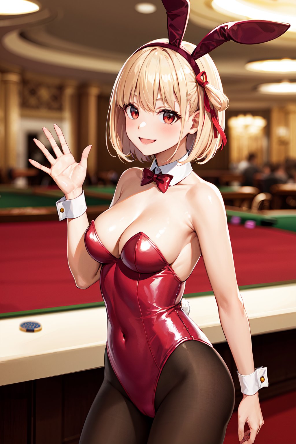 masterpiece, best quality, highres, aachisato, short hair, hair ribbon, <lora:nishikigi_chisato_v1:0.7>, playboy bunny, rabbit ears, pantyhose, smile, casino, waving, 