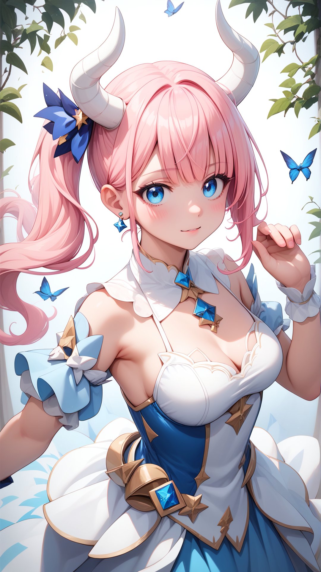 Score_9, score_8_up, score_7_up, masterpiece, best quality, 1girl, (Pink hair:1.0), blue eyes, Gradient hair, White horns, Side ponytail, <lora:yuta-chernobaeva-pxl:0.7>, yuta-chernobaeva-pxl, (Medium breasts:1.0)