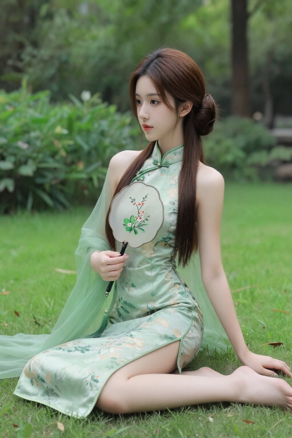 This is a high-resolution photograph featuring a young Asian woman with fair skin and long,  straight brown hair styled in...