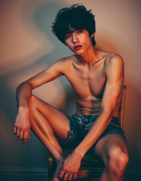 old raw analog photography,<lora:fluxboys.2:0.4>,vibrant real details with dramatic lighting, young asian boy in a dark room with dim light,front view of topless wavy hair asian boy sitting on a small wooden chair with his legs crossed ,he is looking side seductively with his eyes half closed, there is a scar on his lips,