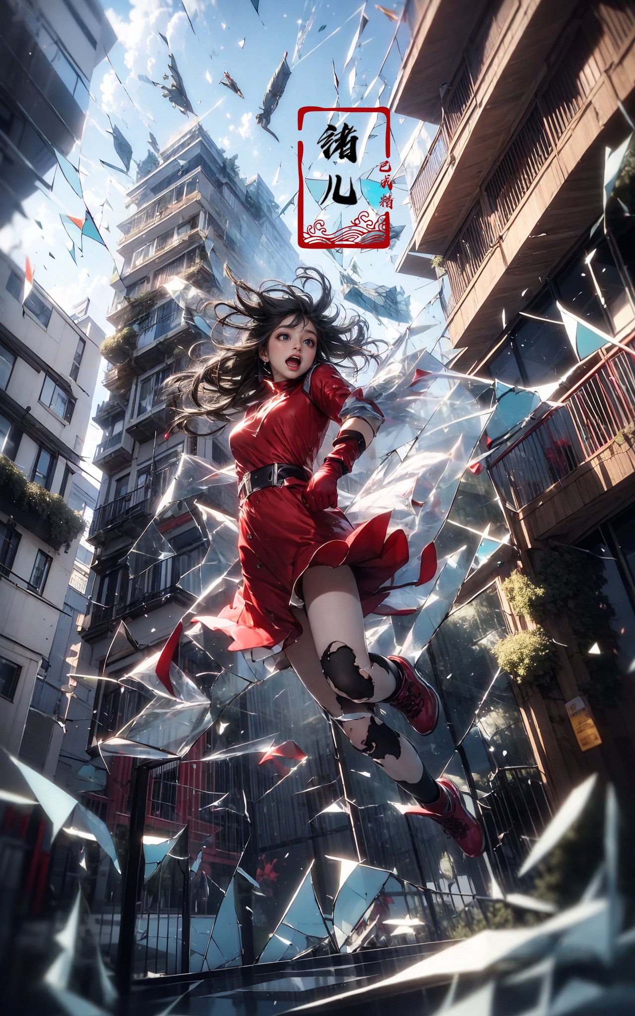 jumping，midair, 1girl, open mouth, outdoors, building, (broken glass:1.5), shoes, (red gloves:1.3),<lora:绪儿-跳跃构图 jumping:0.8>