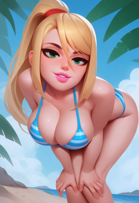 score_9, score_8_up, score_7_up, score_6_up, score_5_up, score_4_up, 1girl, samus aran, green eyes, blonde hair, medium hair, ponytail, sidelocks, huge breasts, half-closed eyes, pink lipstick, puffy lips, puckered lips, kissy face, looking at viewer, happy, striped bikini, swimsuit, beach, shore, leaning forward, cleavage, hands on knees, breasts squeezed together  <lora:TomacoSunderlandXLLocon:1>