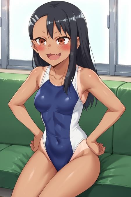 score_9, score_8_up, score_7_up, source_anime, <lora:nagatoro-multi-outfit_epoch_8:1> nagatoro hayase, outfit-swimsuit, hands on hips, blush, solo, dark skin, sitting, brown eyes, couch, dark-skinned female, swimsuit, tan, black hair, hairclip, competition swimsuit, blue one-piece swimsuit, earclip, 1girl, open mouth, small breasts, skin fang, smile, breasts, indoors, :d, fang, one-piece swimsuit, hair ornament, long hair