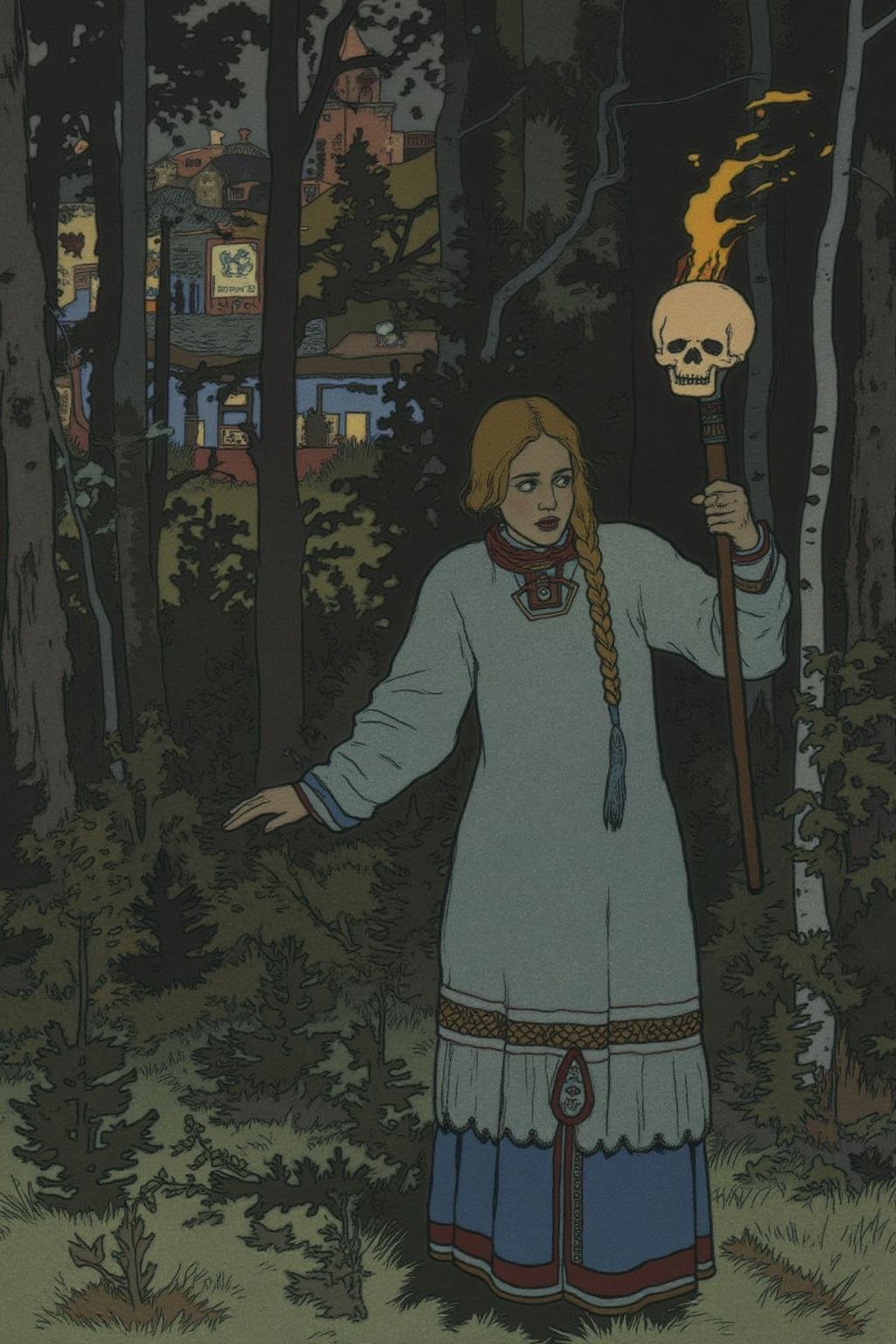 ivanbilibin1 illustration.A young woman with braided hair stands in a forested area surrounded by tall trees and dense und...