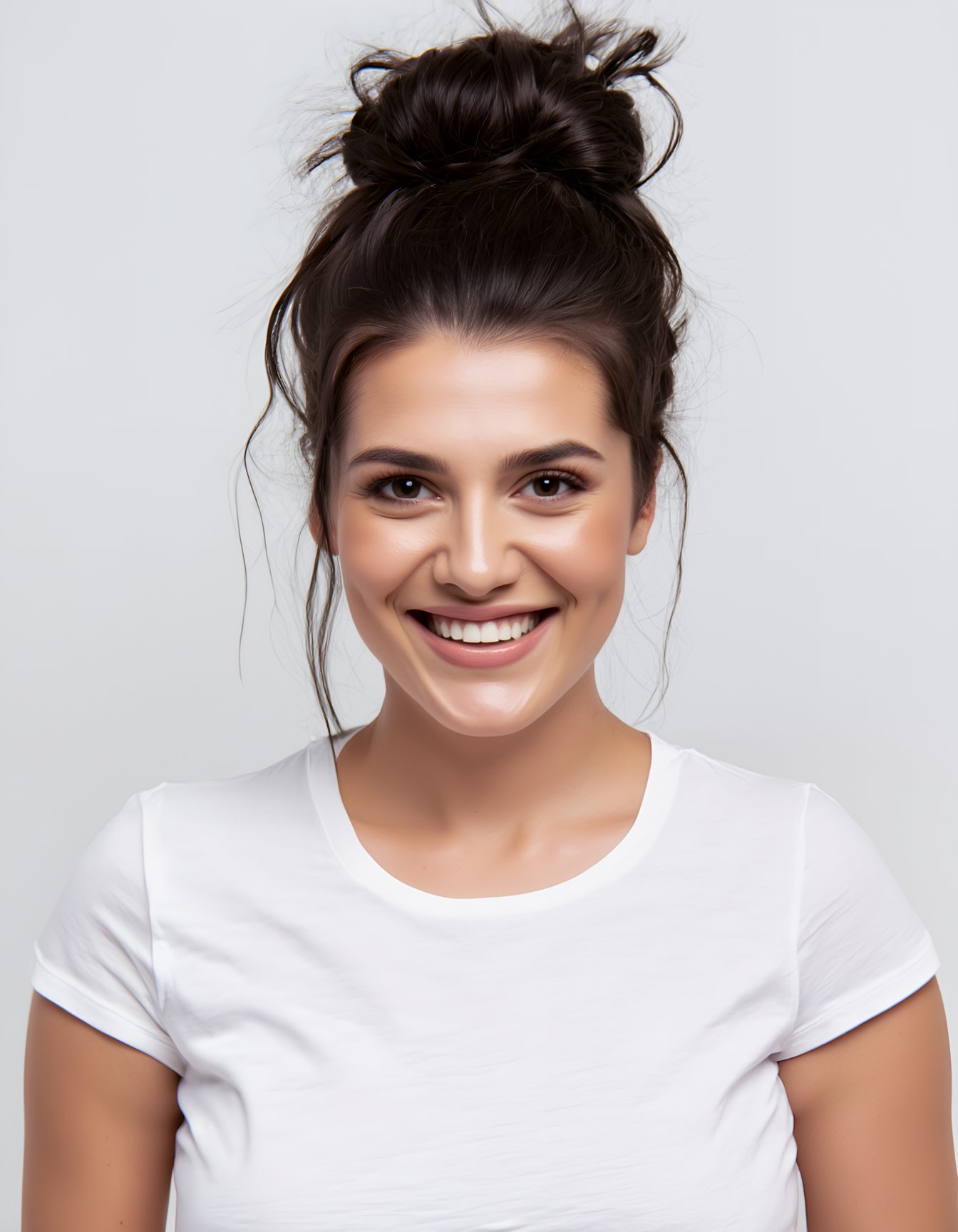 (best quality, 4k, 8k, highres, masterpiece), ultra-detailed, a woman wearing a white t - shirt with her hair in a messy bun and a smile on her face, woman, looking at viewer, smile, open mouth, simple background, shirt, black hair, white background, brown eyes, white shirt, teeth, portrait, realistic, photorealistic ,