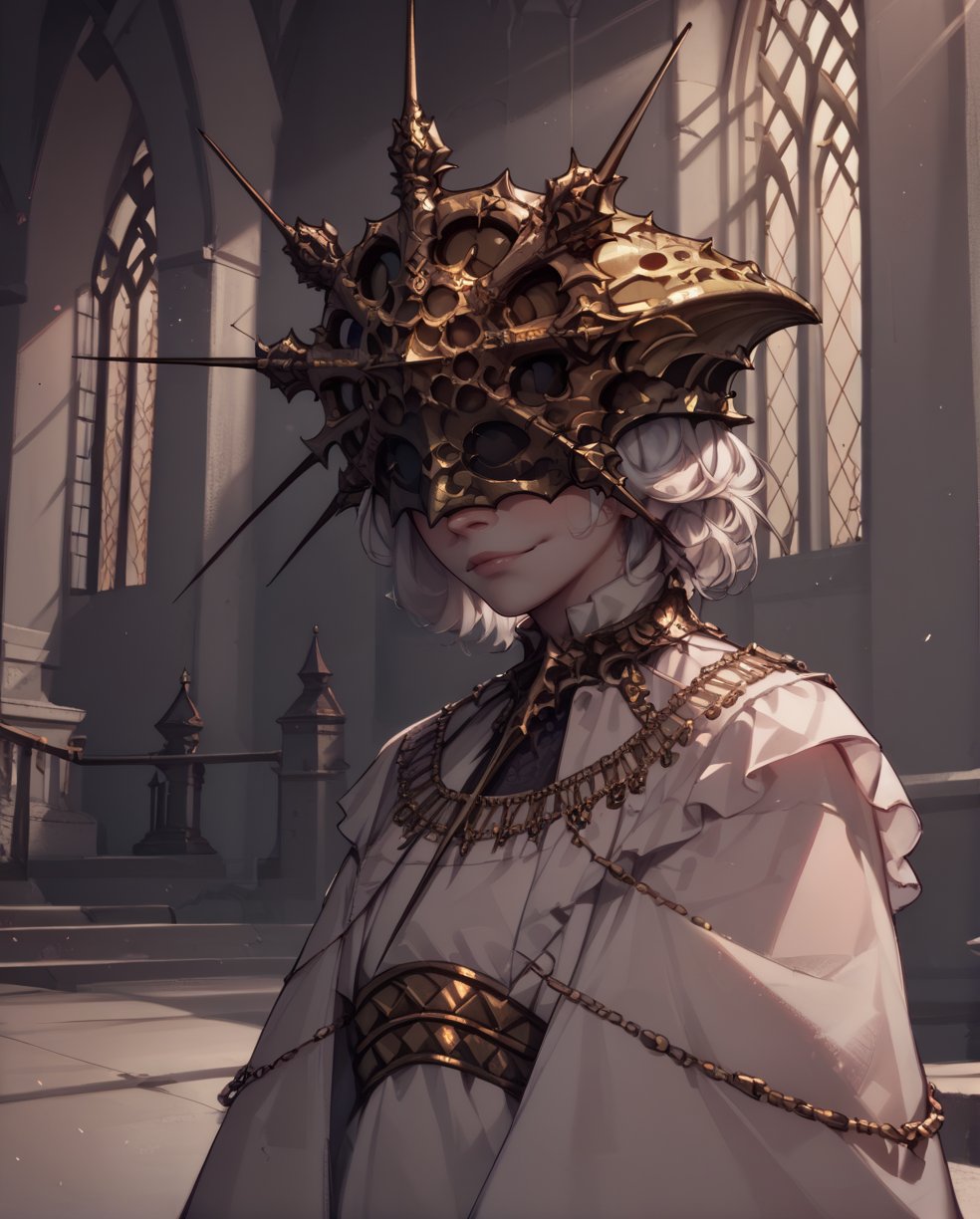 score_9,score_8_up,score_7_up,score_6_up,score_5_up,Gwyndolin,white hair,flat chest,gold mask,covered eyes,gold jewelry,white dress,long sleeves,light smile,cathedral,moonlight,standing,upper body,<lora:Gwyndolin:1>,