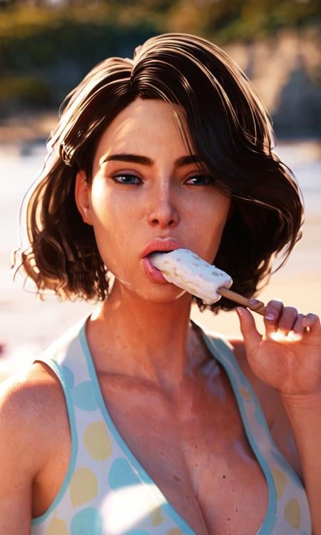 score_9, score_8_up, score_7_up, BREAK, portrait, xlinda, beach, pijama, eating an ice cream, soft light, lens dirt, depth of field, vignette, <lora:LINDA_XL:0.9>