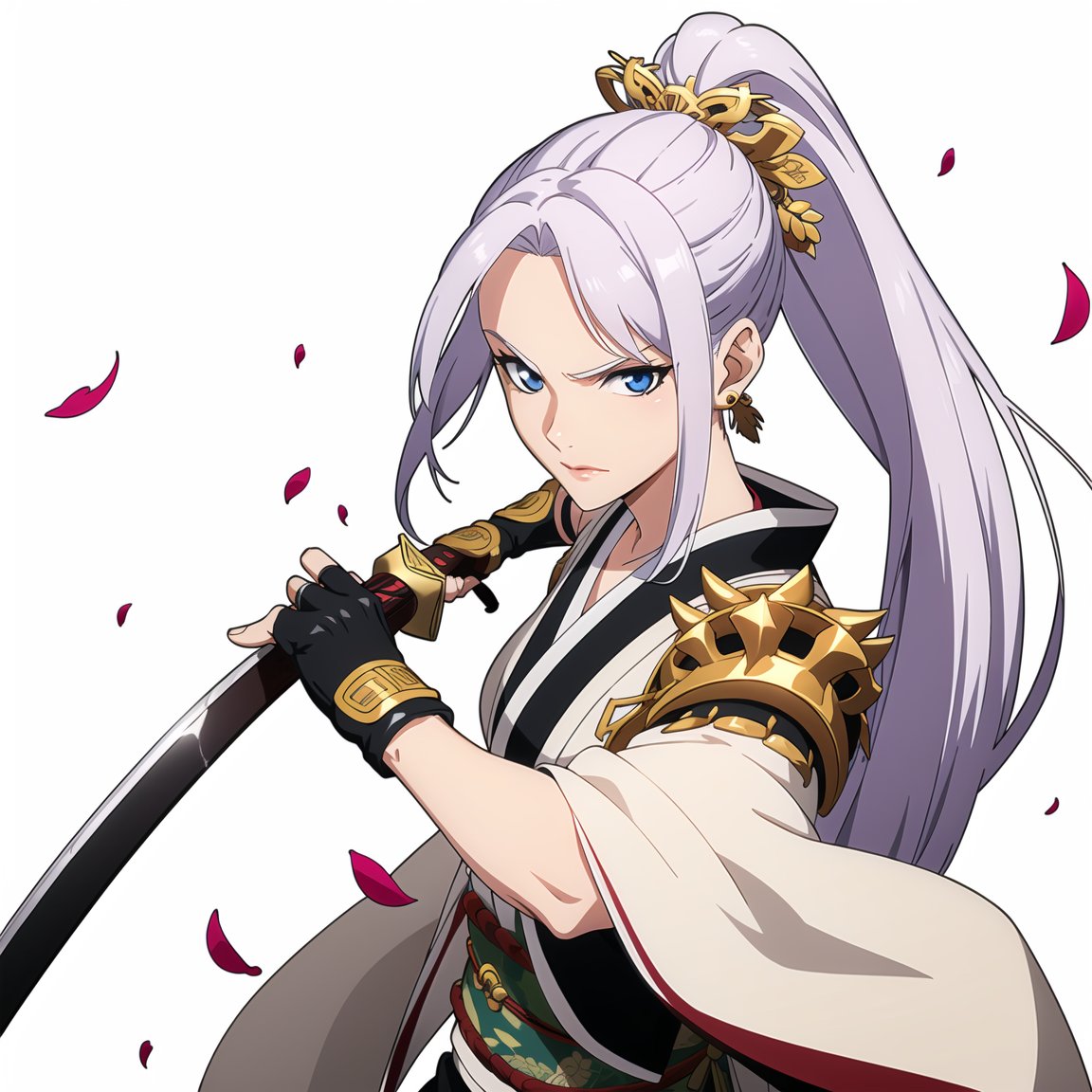 weapon,sword,solo,1girl,long hair,holding,holding weapon,white background,ponytail,petals,holding sword,hair ornament,japanese clothes,simple background,gloves,wide sleeves,upper body,sash,white hair,very long hair,jewelry,katana,earrings,blue eyes,looking at viewer,black gloves,fingerless gloves,purple eyes,armor,kimono,fighting stance,