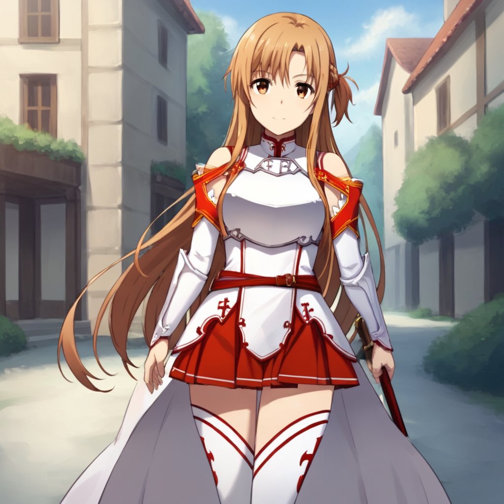 score_9, score_8_up, score_7_up, score_6_up, score_5_up, score_4_up, masterpiece,best quality, source_anime, yuuki asuna, 1girl, long hair, solo, brown hair, thighhighs, brown eyes, breastplate, armor, skirt,white thighhighs, looking at viewer, very long hair, pleated skirt, red skirt,detached sleeves, zettai ryouiki, outdoors, masterpiece, best quality, town,<lora:yuuki asuna nova 926:0.8>