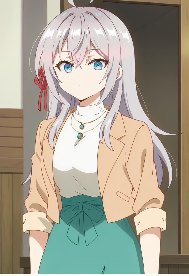 <lora:Alisa Mikhailovna-000013:0.9>  alisa mikhailovna, long hair, 1girl, grey hair, solo, blue eyes, hair between eyes, hair ribbon, red ribbon, crossed bangs, ahoge,    green skirt, shirt, red ribbon, brown jacket,turtleneck, necklace, sweater, looking at viewer, cowboy shot,, score_9, score_7_up,anime coloring ,source_anime, anime, anime screencap