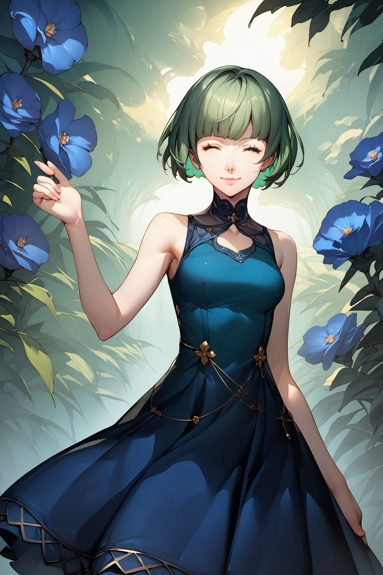 score_9, score_8_up, score_7_up, 1girl, closed eyes smile, looking at viewer, dark_green hair, blunt_bangs, dark_blue eyes, medium breasts, sheath dress, Allium \(flower\), red_background <lora:Soejima_Shigenori_PonyXL_style_v01:1>