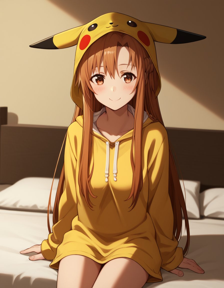 score_9, score_8_up, score_7_up, source_anime, asunayuuki, <lora:asuna-yuuki-s1-ponyxl-lora-nochekaiser:1>, asuna yuuki, long hair, brown hair, brown eyes,, <lora:pikachu-cosplay-ponyxl-lora-nochekaiser:1>, pikachucosplay, pikachu \(pikachu\), character print, hood, hoodie, yellow hoodie,, bed, bed room, smile, blush, wariza, sitting,, cowboy shot, dutch angle, solo,