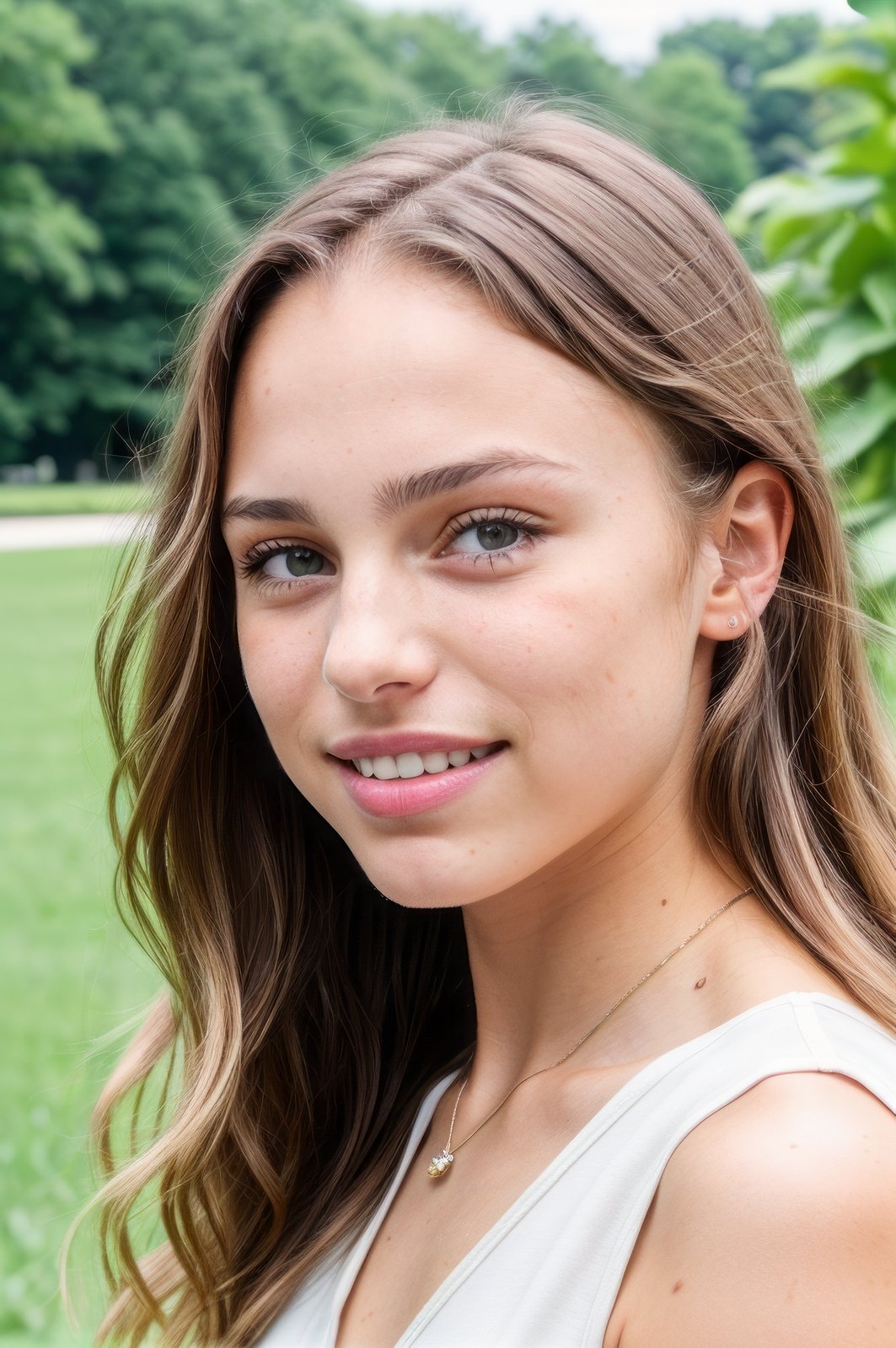 RAW photo, (closeup:1.2), portrait photo of a 21 year old woman, (CyberGirl_V3:0.99), hand in her hair, summer dress,  garden, standing, little smile, 8k uhd, high quality, film grain, Fujifilm XT3