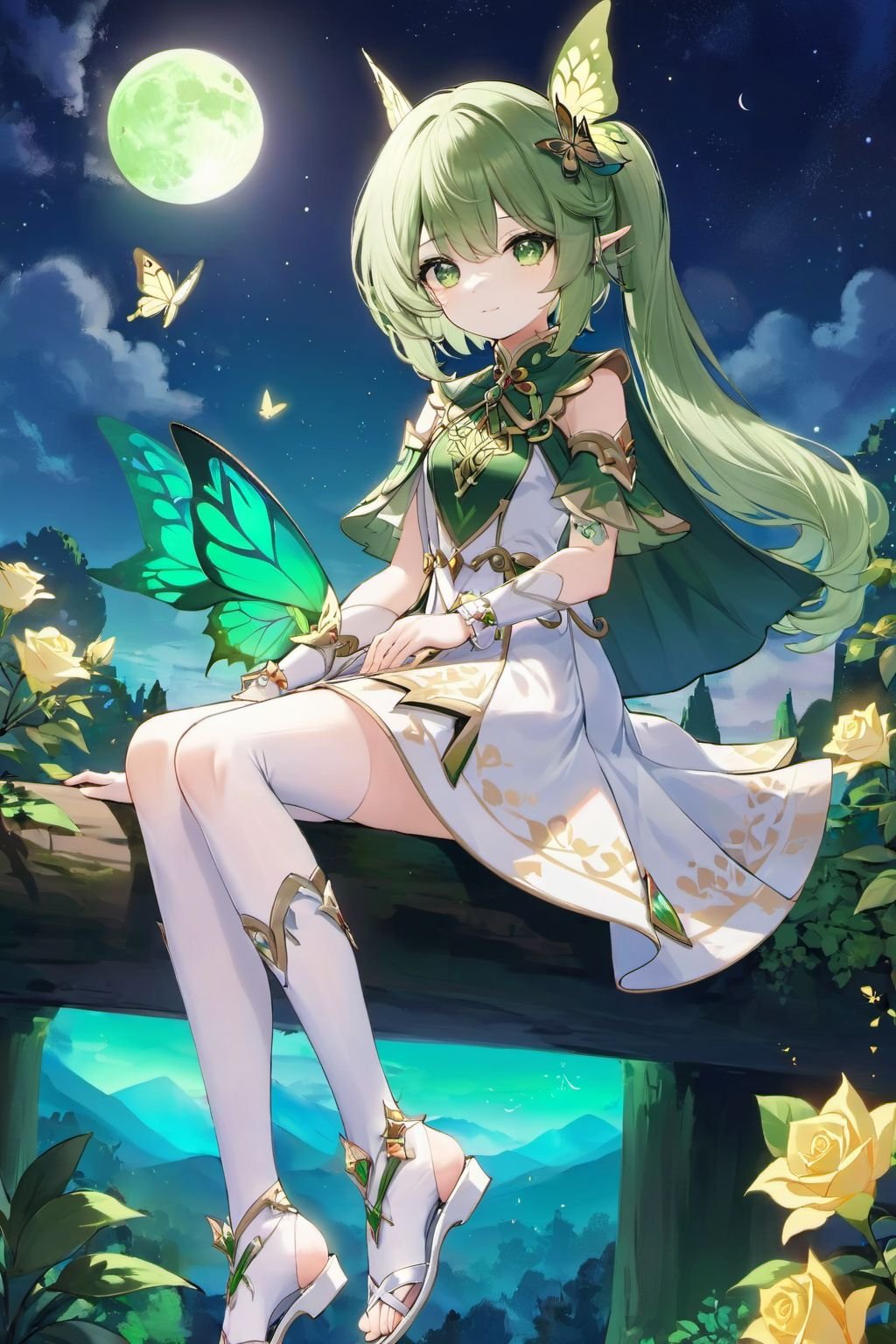 masterpiece,best quality,cinematic,dynamic lighting,Nahida,1girl,solo,long hair,looking at viewer,smile,bangs,hair ornament,dress,hair between eyes,jewelry,sitting,closed mouth,green eyes,full body,flower,white hair,short sleeves,sidelocks,multicolored hair,detached sleeves,green hair,sky,sleeveless,pointy ears,cape,white dress,side ponytail,bracelet,symbol-shaped pupils,gradient hair,toes,night,sleeveless dress,rose,moon,white footwear,bug,plant,butterfly,night sky,full moon,toeless legwear,toeless footwear,cross-shaped pupils,stirrup legwear,swing,green sleeves,nahida (genshin impact),<lora:原神草神纳西妲XL:1>,