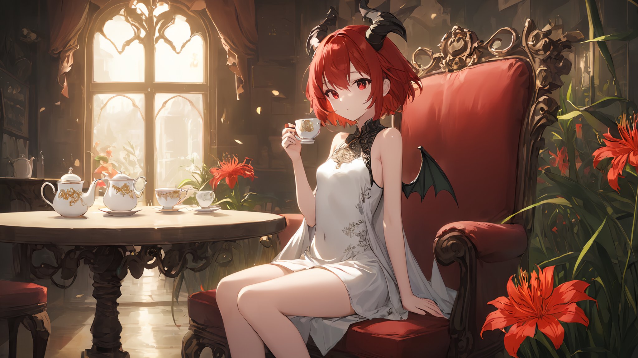 (masterpiece),(highest quality),highres,(an extremely delicate and beautiful),(extremely detailed),solo, cup, 1girl, red hair, red eyes, sitting, crossed legs, flower, teacup, looking at viewer, red flower, white dress, dress, one side up, wings, small breasts, holding, breasts, feet out of frame, table, covered navel, bare shoulders, holding cup, short hair, bangs, teapot, sleeveless dress, horns BREAKIn a quaint café imbued with the aroma of fresh coffee, a beguiling young maiden sits, her presence an ethereal blend of fantasy and modernity. Draped in a stylish jacket, T-shirt, and skirt that flirt with the contours of today's fashion, she is not just any patron. From her back sprout dragon wings, unfurled yet at peace, and a dragon tail that coils elegantly around her chair. In her delicate hands, she cradles a bunch of lycoris flowers, their vibrant hue a poetic contrast to her enigmatic aura.