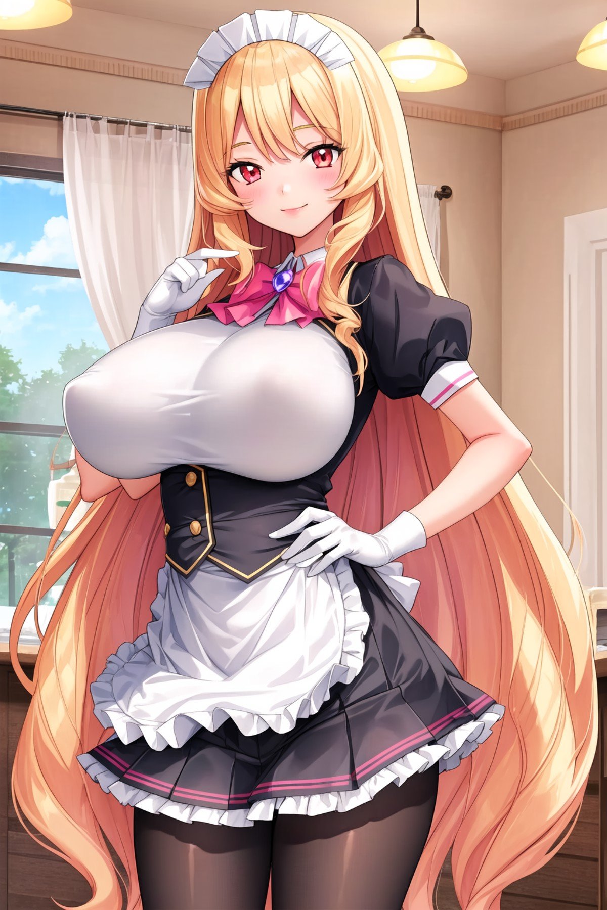 <lora:MHM6-000006:1>  1girl, huge breasts, maid, maid headdress, skirt, pantyhose,  indoors, windows , blonde hair, wavy hair, smile, red eyes, very long hair,  curtains, 