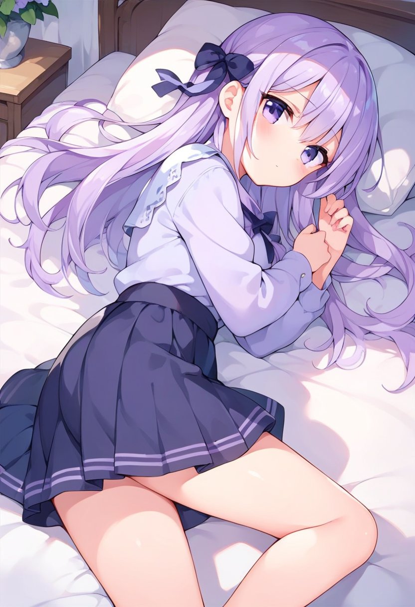 score_9, score_8_up, score_7_up, 1girl, light purple hair, hair ribbon, blouse, skirt, blush, long hair, on bed, lying, on side,