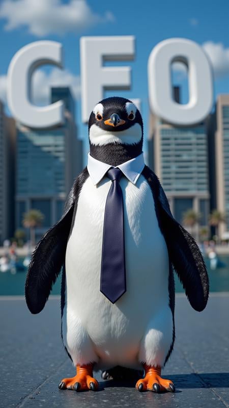 A funny meme image of a penguin wearing a business suit, with an office building behind it spelling out “CEO.” with Text: "CEO"    , aidmaTextImprover