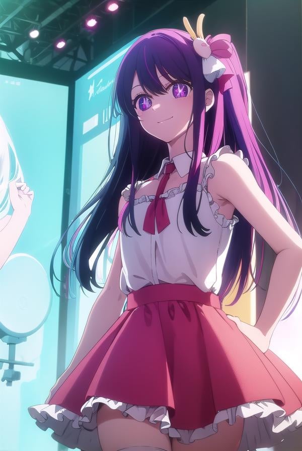 aihoshino, <lora:ai hoshino s1-lora-nochekaiser:1>,ai hoshino, long hair, bangs, (purple eyes:1.1), purple hair, (symbol-shaped pupils:1.5), smile,BREAK one side up, hair ornament, hair ribbon, skirt, thighhighs, white thighhighs, zettai ryouiki, idol, dress, pink dress, sleeveless, pink skirt, frilled skirt, bare shoulders, collar, white collar,BREAK indoors, concert, stage,BREAK looking at viewer, (cowboy shot:1.5),BREAK <lyco:GoodHands-beta2:1>, (masterpiece:1.2), best quality, high resolution, unity 8k wallpaper, (illustration:0.8), (beautiful detailed eyes:1.6), extremely detailed face, perfect lighting, extremely detailed CG, (perfect hands, perfect anatomy),