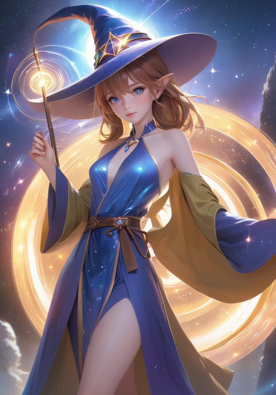 realistic, 1girl, solo, wizard hat, robe, holding staff, on magic circle, sparkles, light particles, crystal, prism, glowing light,wani wani panic,startrail,ultra realistic detailed,aesthetic,best quality,(photorealistic:1.2),dynamic angle,elegant,realistic skin detail ,strap_slip, bare_shoulders, off_shoulder,