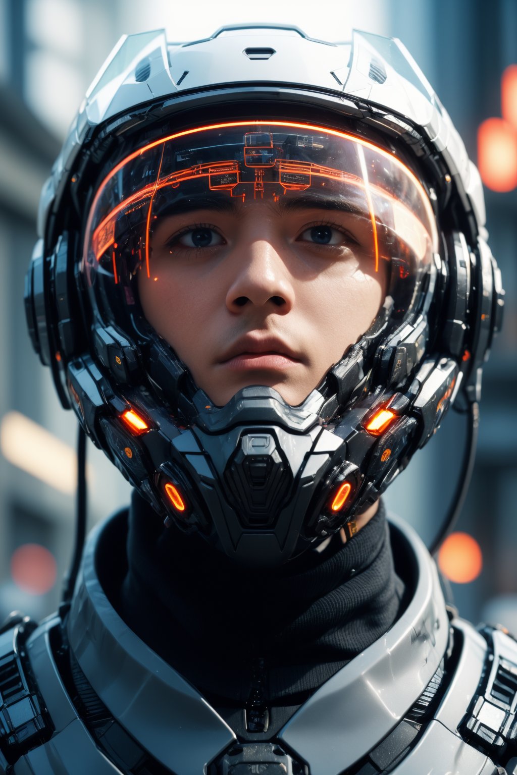 1boy, solo, realistic, science fiction, helmet, cable, cyberpunk, lips, portrait, head-mounted display, blurry, robot, depth of field, blurry background, closed mouth, screen, glowing, facing viewer