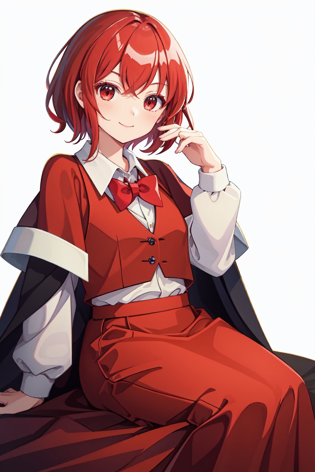 masterpiece,best quality, highly detailed, okazaki yumemi,1girl,red capelet,solo,red bowtie,red vest,red skirt,looking at viewer,long sleeves,white shirt,smile<lora:okazaki_yumemi:1>,simple background,white background