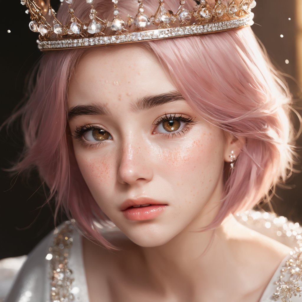 masterpiece, best quality, (1girl), Sam Yang, beautiful detailed eyes, looking at viewer, upper body, pink hair, shy, cat ears, very detailed, high resolution, sharp, sharp image, 4k, 8k,RAW photo, (photo flash:1.5) (fashion photography) (pictorialist style), fashion shot, realistic photo style, sharp focussunlit hall, weeping princess, regal throne, dust particles, tiny stars, tears glistening, profound sorrow, inconsolable grief, loneliness, heartache, despair, grace, majesty, radiant light filtering, golden aura, heavy crown, velvet robes, bejeweled, crystal chandelier, somber ambiance(full body shot) of a 20 yo princess wearing a crown, she is angry or crying, sad looking, tearful and open-mouthed, reveal sorrow, teary, tear, sorrow, crying, transparent liquid, water tears, glass tears, cute face, unkempt hair, detailed eyes, complexion nuances, dappled light on face, no make-up, detailed face and eyes, very thin eyebrows, pale skin, natural skin texture, (highly detailed skin:1.1), textured skin, (oiled shiny skin:0.5), (skin blemish:1.3), (moles:0.8), (imperfect skin:1.5), intricate skin details, visible skin detail, (detailed skin texture:1.1), (oiled shiny ultra white skin:0.6), mascara, (skin pores:1.1), (light freckles:0.3), skin fuzz, (blush:0.5), (goosebumps:0.5), translucent skin, subsurface scattering, (minor skin imperfections:1.2), wrinkles, vitiligo spots, [brown spots:0.01], [whiteheads], [blackheads], [white pimples:0.01], [red pimples:0.01], beauty spot, skin fuzz, detailed eyes, (round iris:1.1), light reflections in her eye, visible cornea, highly detailed iris, tiny blood vessels in the eye, remarkable detailed pupils <lora:polyhedron_all_sdxl-000005:0.5> <lora:tears-000007:0.6>