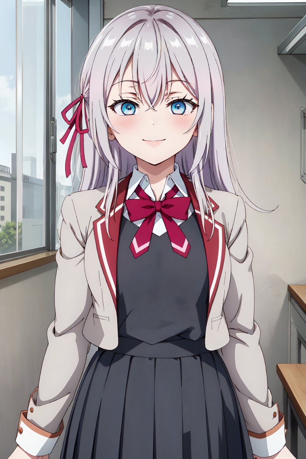 AlisaMikhailovnaKujou, 4k, absurd, high resolution, very high resolution, high definition, masterpiece, 1 girl, long hair, blue eyes, tape, hair ribbon, gray hair, shirt, looking at the viewer, school uniform, jacket, hair between the eyes, red ribbon, skirt, pleated skirt, gray jacket, black skirt, open jacket, smile, (slim build: 1.2), v arms, upper body, blush<lora:EMS-391416-EMS:0.800000>