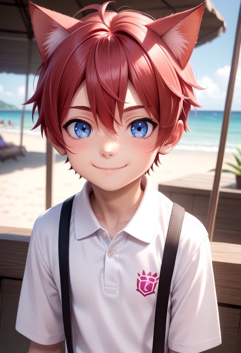 score_9, score_8_up, score_7_up, detailed eyes,beach, BREAKaki, 1boy, (crimson hair:1.2), white polo shirt,  smile, male, male focus, closed mouth, blue eyes, cat boy, (red cat ears:1.2),looking at viewer,male, male focus, blue hair, inside, corridors, petite, vivid colors, petite, cute, young, masterpiece, high quality, very_high_resolution, large_filesize, full color, detailed face, 