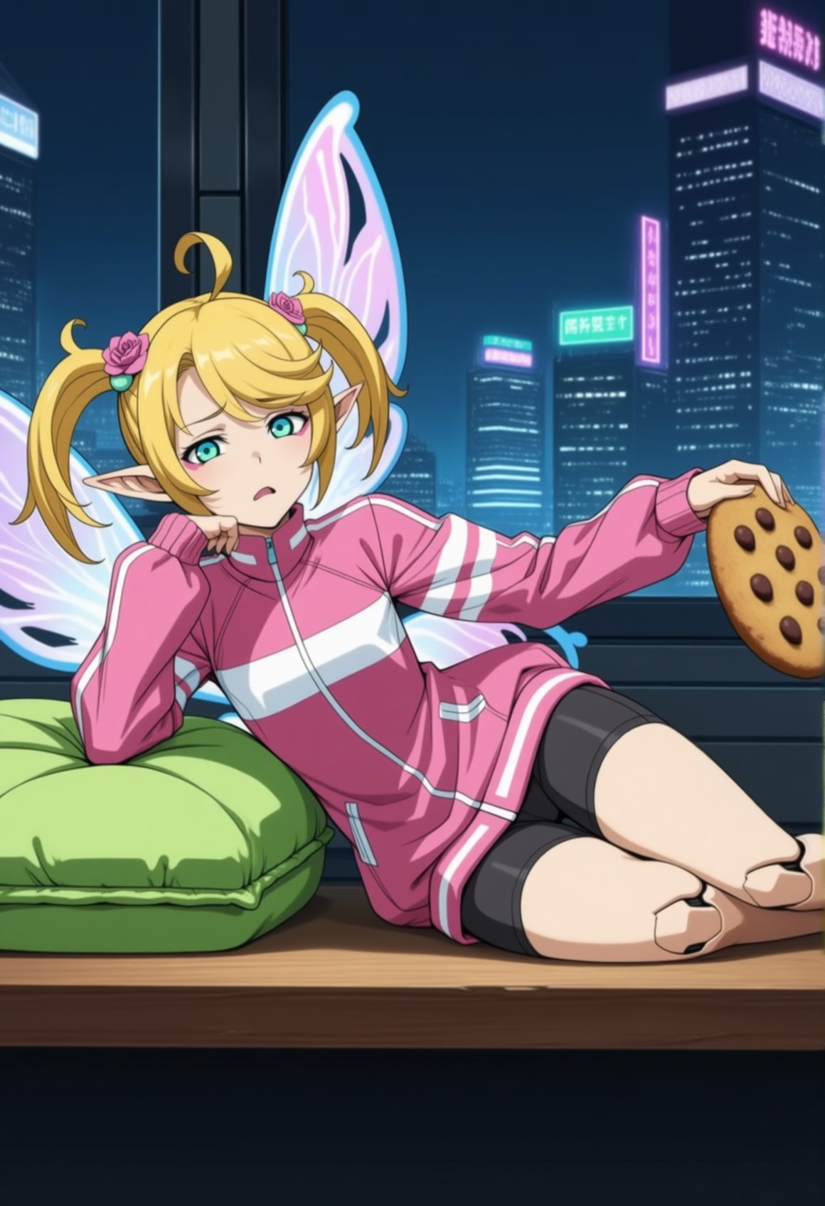 fairy sitting on a green pillow,  1girl,  anime screencap by NeclordX on Tensor.Art