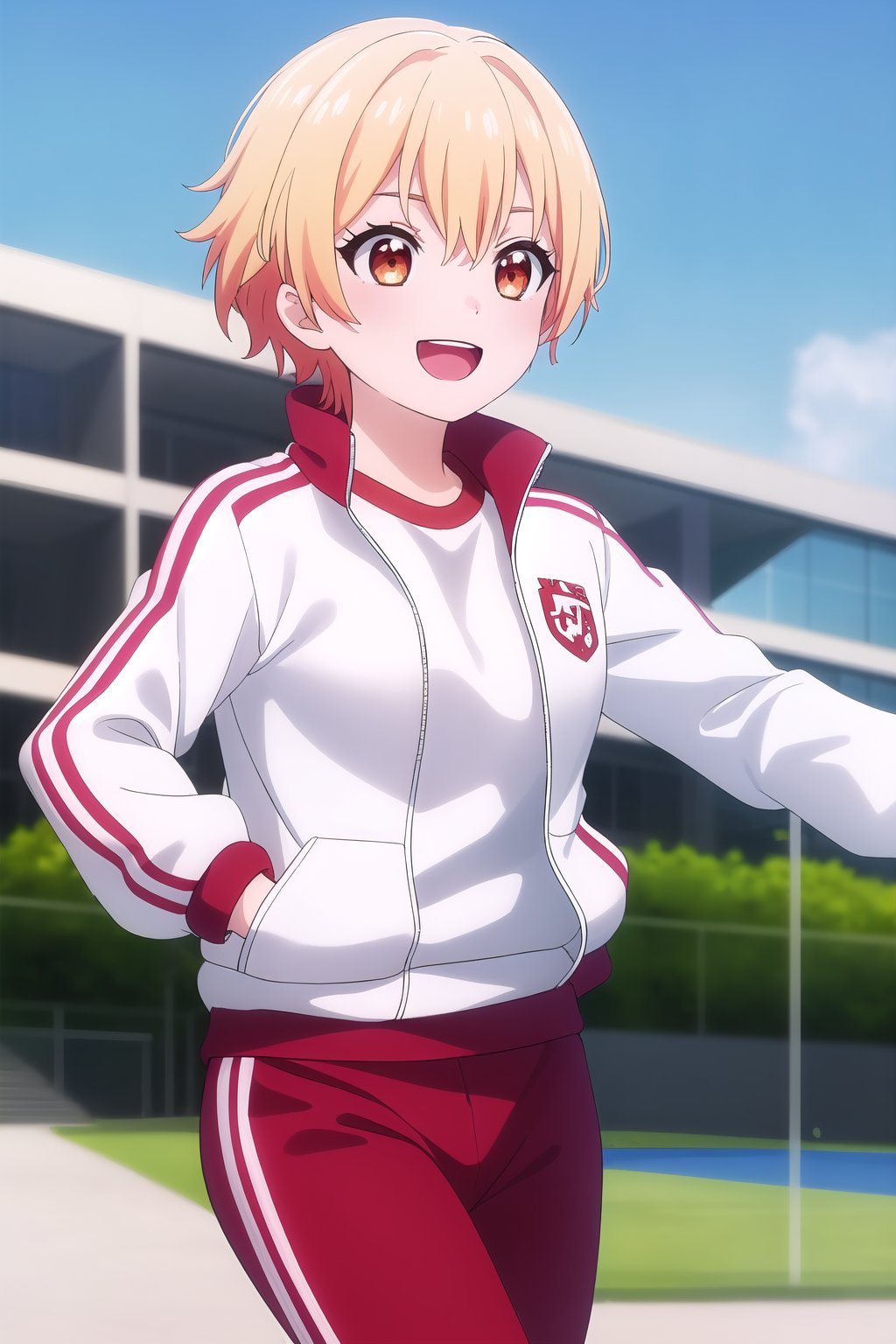 (masterpiece, best quality), highly detailed background, perfect lightingbest quality, saginumariko, solo, outdoors, running, city, blonde hair, orange hair, hair between eyes, streaked hair, short hair, orange eyes, small breasts, track jacket, white jacket, red jacket, open jacket, gym shirt, white shirt, long sleeves, red pants, track pants, track suit, gym uniform, smile, open mouth, :d, <lora:Saginuma-Riko:0.7>