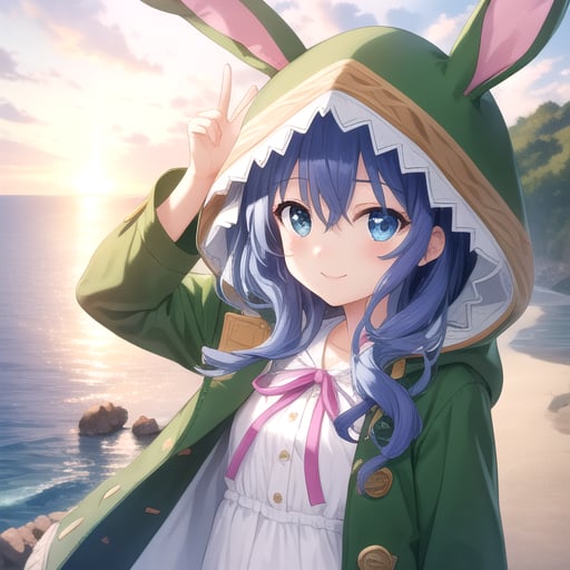 ((masterpiece)),(best quality),official art,extremely detailed CG,unity 8k wallpaper,ultra detailed,A lighthouse on a cliff by the sea,1girl,solo,upper body,(portrait:1.2),looking at viewer,yoshino (date a live),bunny ears hood,white dress,blue eyes,blue hair,smile,boots,green hood,green coat,loose coat,green footwear,long hair,pink ribbon,button,<lora:Yoshino(dal)>,