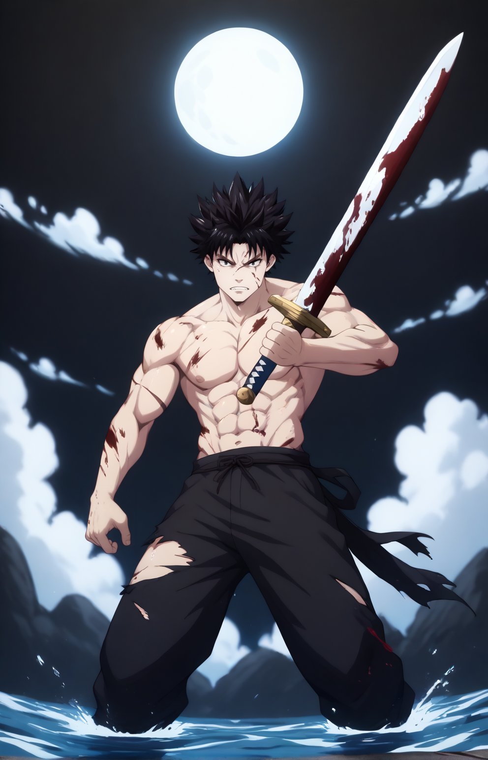 score_9, score_8_up, score_7_up, 1boy, solo, blood, male focus, black hair, topless male, moon, short hair, sky, weapon, wading, huge weapon, multiple boys, muscular, cloud, sword, injury, teeth, blood on face, looking at viewer, guts (berserk), torn clothes, spiked hair, glowing, scar, black background, (contrast), dark light, (dark composition:1.1)