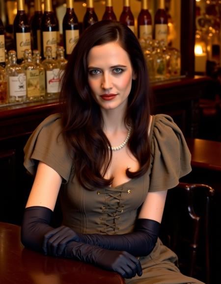 <lora:Eva_Green:1> realistic photo of   evagreen, long hair, hair loose, Victorian dress, (((cleavage:-1.5))), dress covers to neck, pearl necklace, gloves. looking at viewer, sitting at a high end pub, face focus, viewer, headshot 