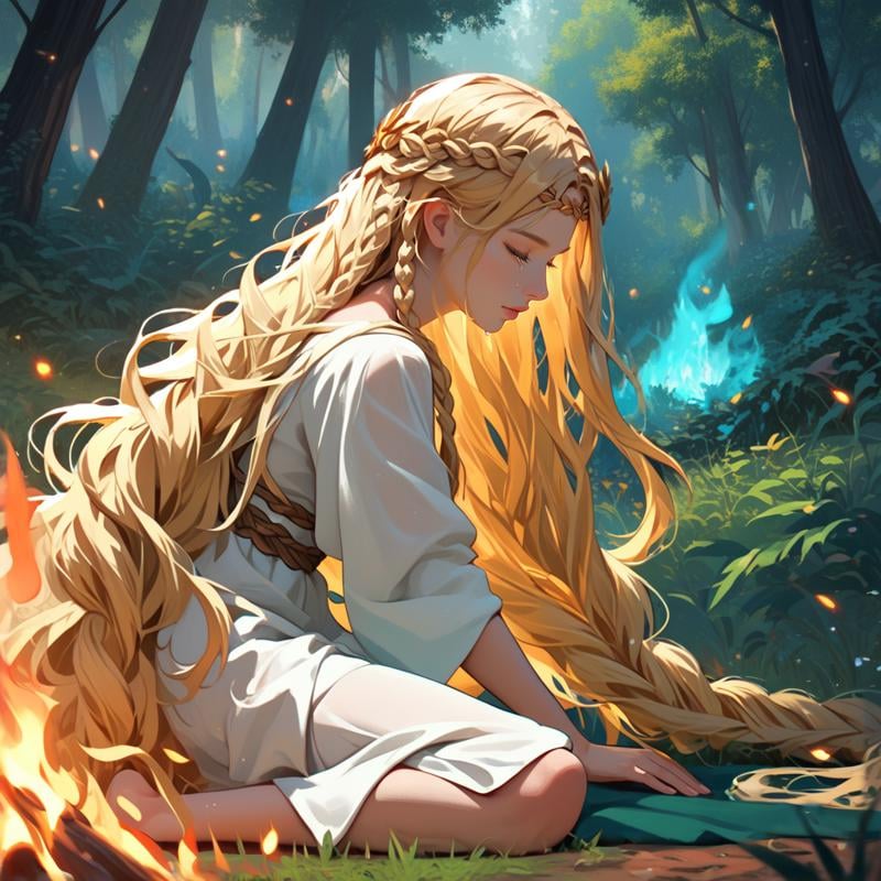 from behind,looking away,<lora:miqeulla:1>,miquella,1boy,solo focus,solo,blonde hair,crown braid,multiple braids,hair flowing over,laurel crown,long blonde eyelashes,white robe,kneeling on ground,giant tree on fire,forest fire,depth of field,crying,closed eyes,, score_9, score_8_up, score_7_up, perfect anatomy, source_anime, zPDXL2,