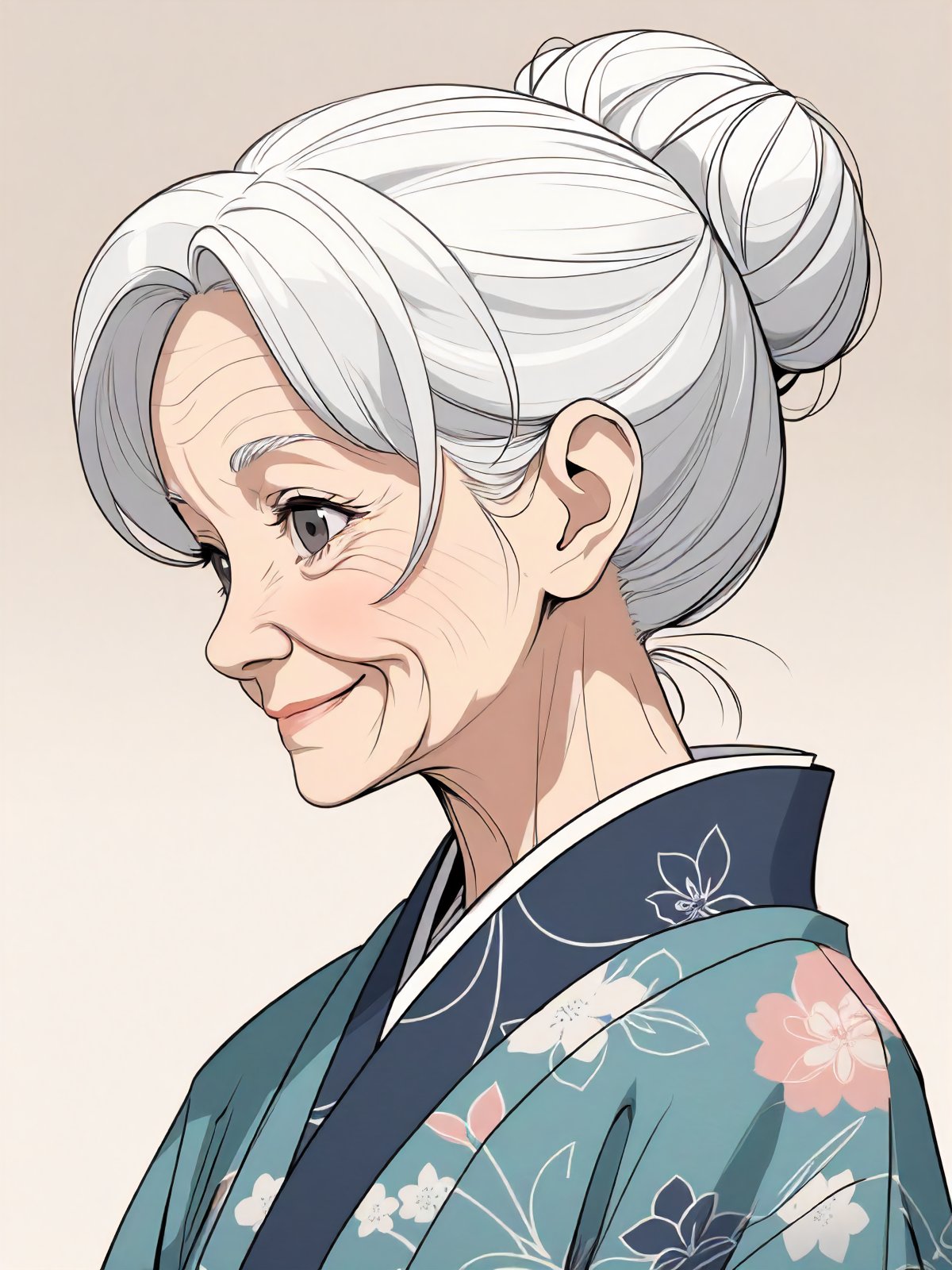 masterpiece, manga style, concept art, lineart, jaggy lines, pastel colors, quick drawing, (old woman:1.2), (aged up), (slender), (wrinkled skin:1.2), (gentle nature), black eyes, white hair, medium hair, hair bun, (small body), kimono, heartwarming smile