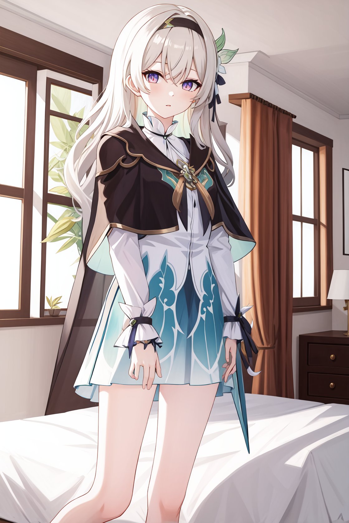 <lora:流萤10-000010:0.75>,liuying,bangs,long sleeves,hair ornament,black capelet,high quality,green dress,bare legs,indoors,bedroom,indoors,detailed face, 1girl,,  (masterpiece,best quality:1.2),absurdres