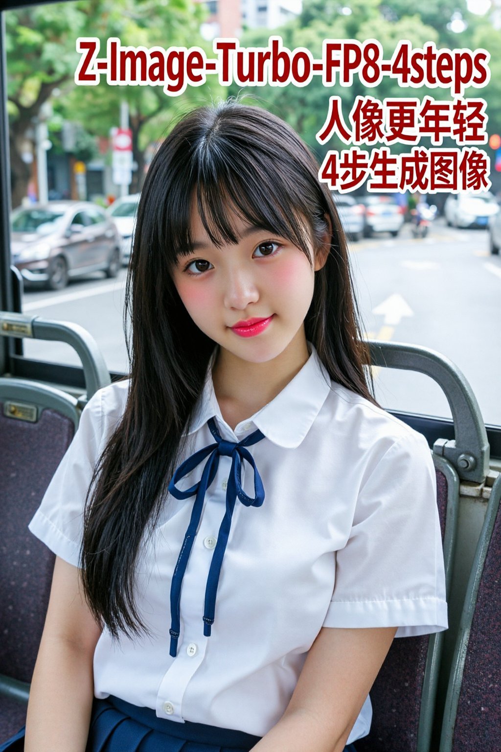 這是一張年輕亞裔女孩的照片,  她膚色白皙,  坐在公車上。她留著長長的黑髮 by 天TIN on Tensor.Art